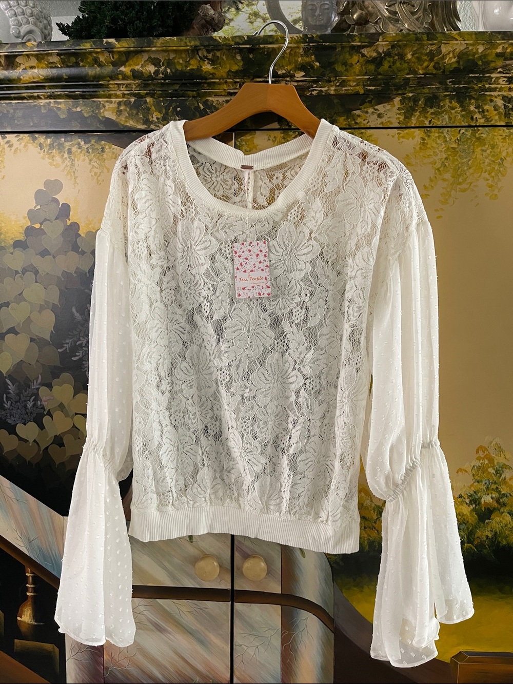 Free People Ivory Lace Peasant Blouse with Sheer Bell Sleeves